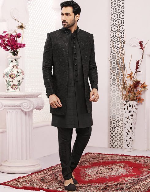 Readymade Men's Sherwani Black Indo Western Banarasi Silk Chudidaar Front View