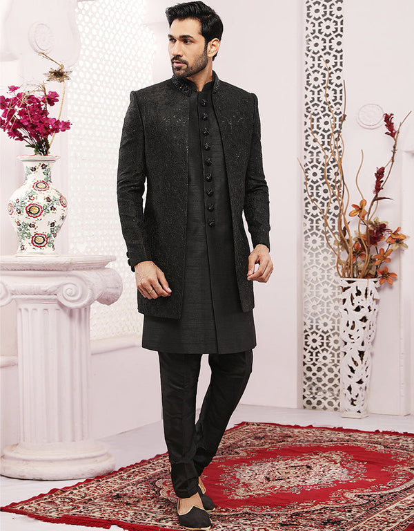 Readymade Men's Sherwani Black Indo Western Banarasi Silk Chudidaar Front View