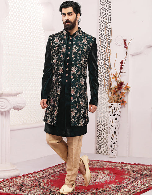 Readymade Men's Sherwani Black Indo Western Velvet Chudidaar Front View