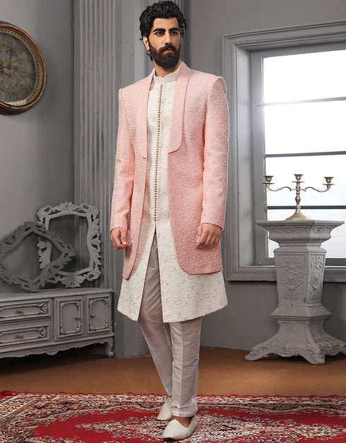 Readymade Men's Sherwani Pink Indo Western Banarasi Silk Chudidaar Front View