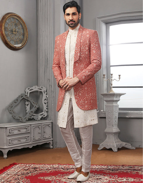 Readymade Men's Sherwani Gajari Indo Western Banarasi Silk Chudidaar Front View
