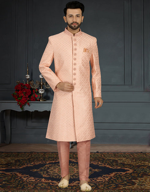 Readymade Men's Sherwani Peach Sherwani Jacquard Silk Chudiddar Front View