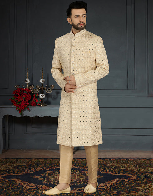 Readymade Men's Sherwani Gold Sherwani Jacquard Silk Chudiddar Front View
