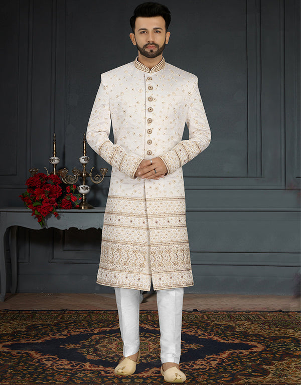 Readymade Men's Sherwani White Sherwani Jacquard Silk Chudiddar Front View