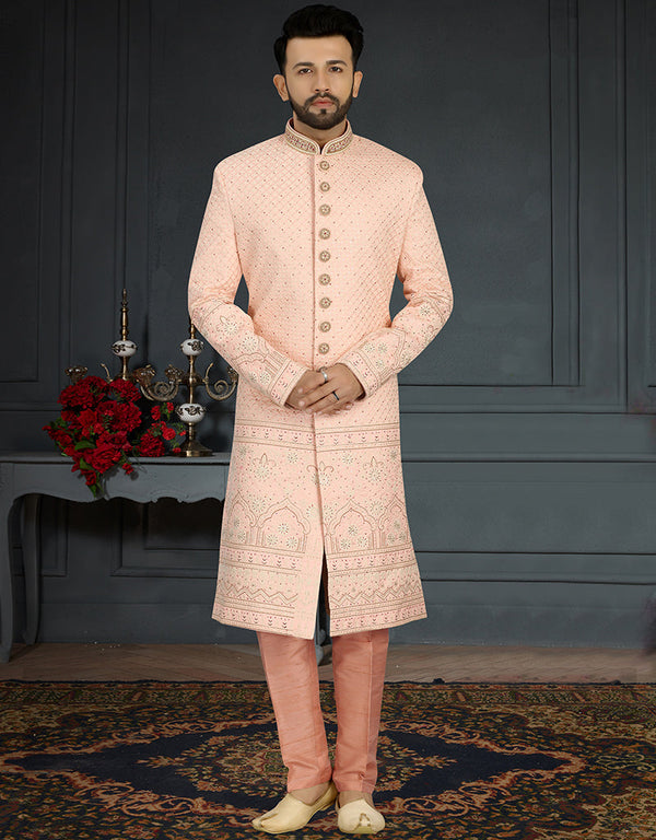 Readymade Men's Sherwani Pink Sherwani Jacquard Silk Chudiddar Front View
