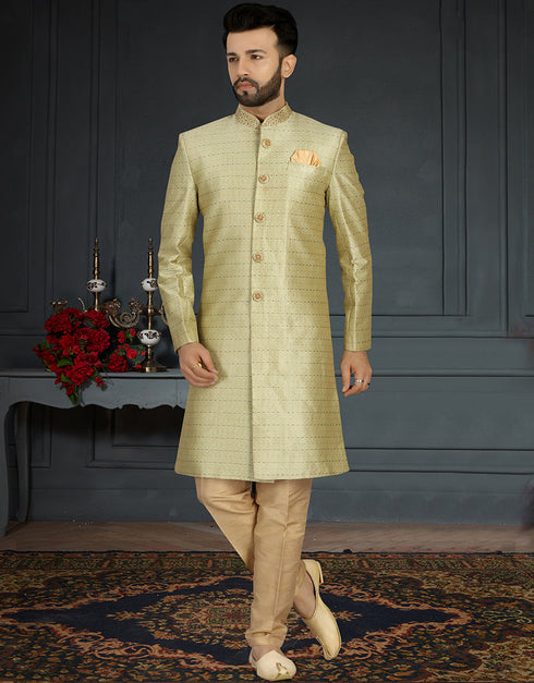 Readymade Men's Sherwani Pista Sherwani Jacquard Silk Chudiddar Front View