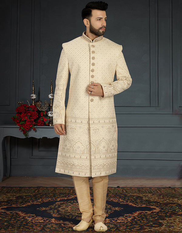 Readymade Men's Sherwani Cream Sherwani Jacquard Silk Chudiddar Front View