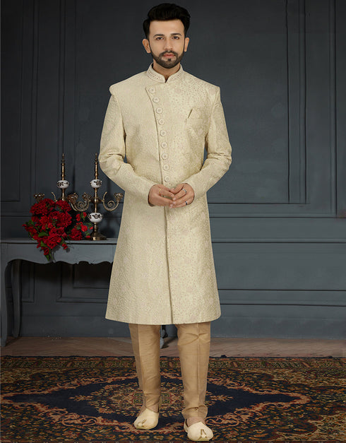 Readymade Men's Sherwani Beige Sherwani Jacquard Silk Chudiddar Front View