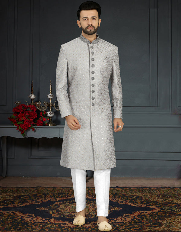 Readymade Men's Sherwani Grey Sherwani Jacquard Silk Chudiddar Front View