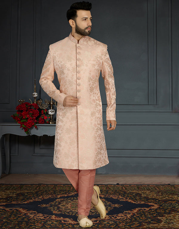 Readymade Men's Sherwani Peach Sherwani Jacquard Silk Chudidaar Front View