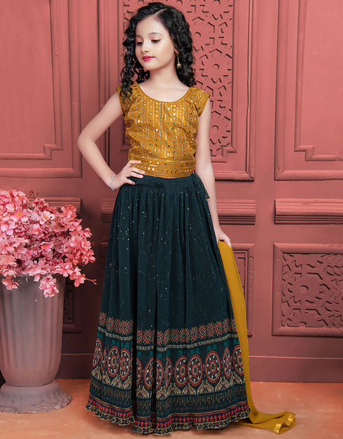 Designer Kidswear Readymade Lehenga Choli Yellow Banglori Silk Lehenga Choli Front View