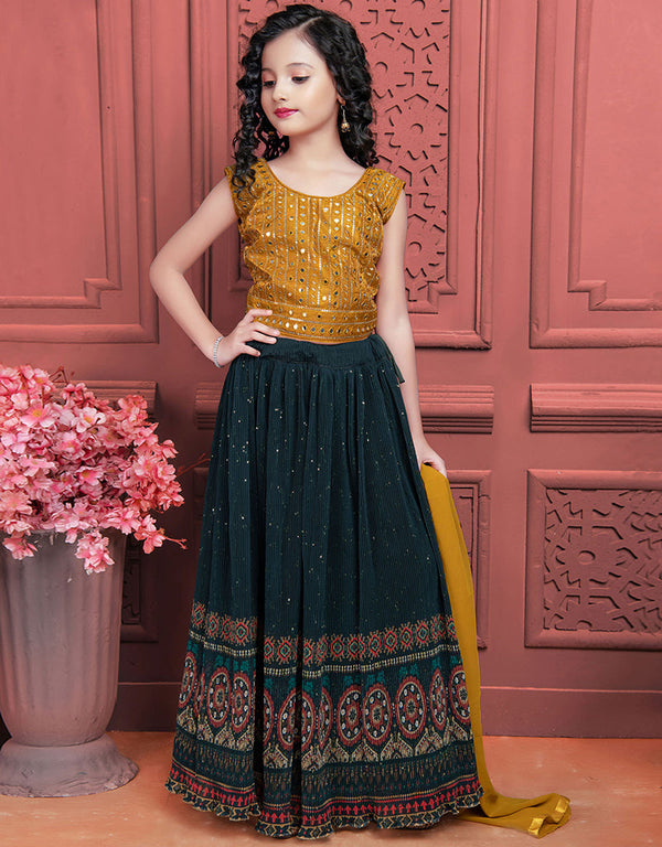 Designer Kidswear Readymade Lehenga Choli Yellow Banglori Silk Lehenga Choli Front View