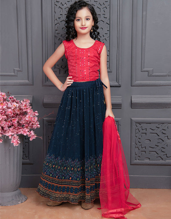 Designer Kidswear Readymade Lehenga Choli Pink Banglori Silk Lehenga Choli Front View