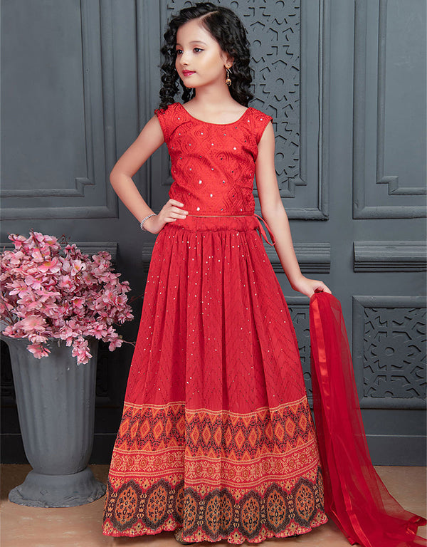 Designer Kidswear Readymade Lehenga Choli Red Banglori Silk Lehenga Choli Front View