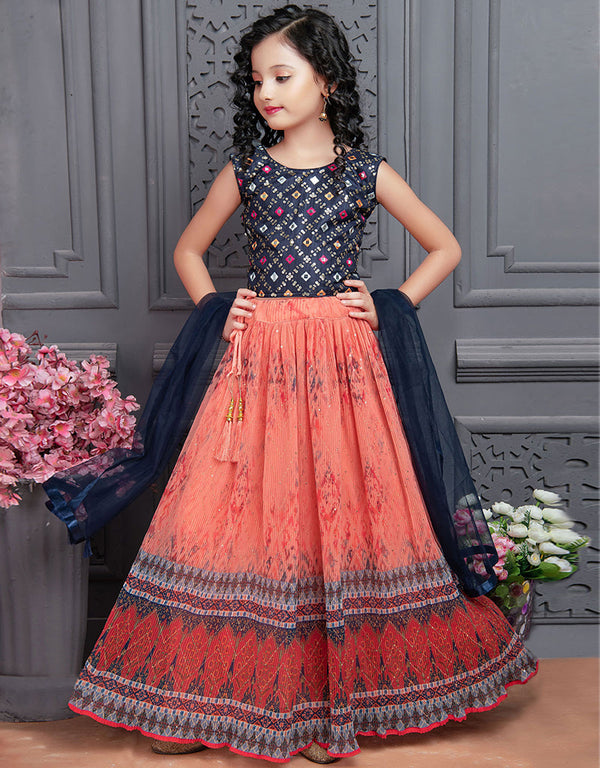 Designer Kidswear Readymade Lehenga Choli Blue Banglori Silk Lehenga Choli Front View