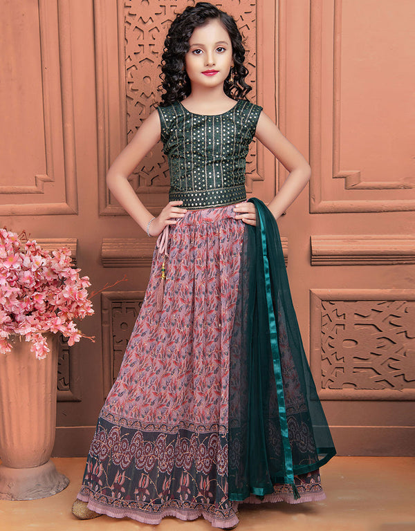 Designer Kidswear Readymade Lehenga Choli Green Banglori Silk Lehenga Choli Front View