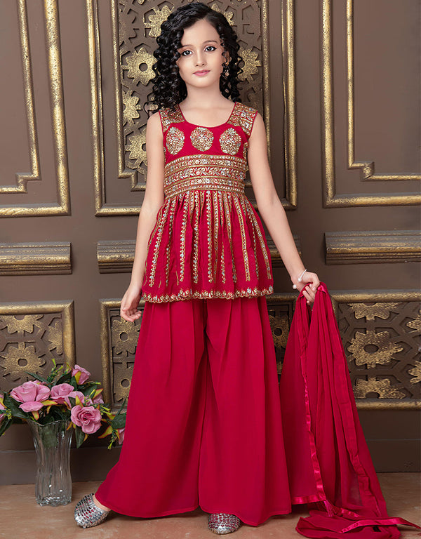 Designer Kidswear Readymade Sharara Suits Pink Faux Georgette Sharara Suit Front View