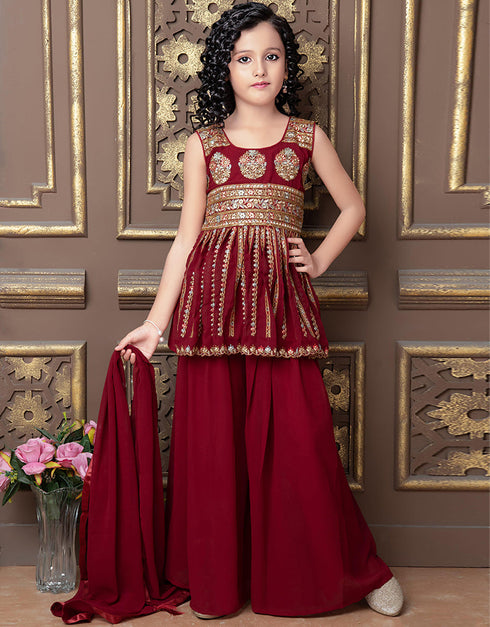 Designer Kidswear Readymade Sharara Suits Maroon Faux Georgette Sharara Suit Front View