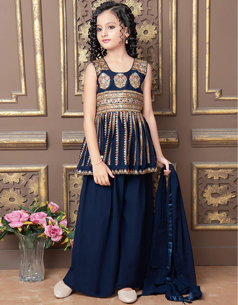 Designer Kidswear Readymade Sharara Suits Blue Faux Georgette Sharara Suit Front View