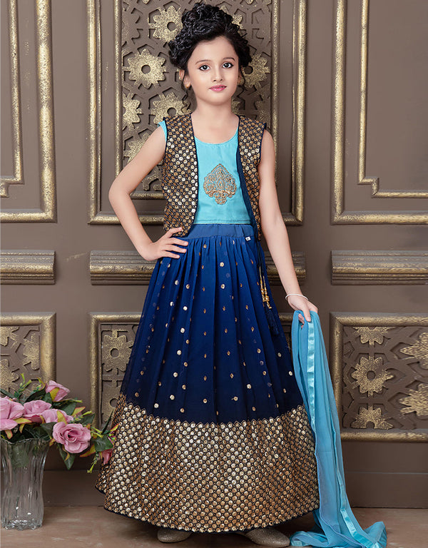 Designer Kidswear Readymade Lehenga Choli Light Blue Faux Georgette Lehenga Choli Front View