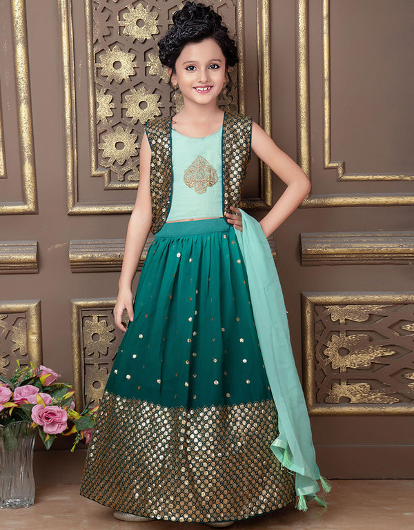 Designer Kidswear Readymade Lehenga Choli Light Green Faux Georgette Lehenga Choli Front View