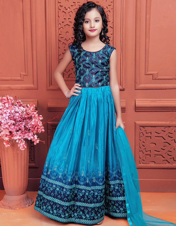 Designer Kidswear Readymade Lehenga Choli Blue Banglori Silk Lehenga Choli Front View