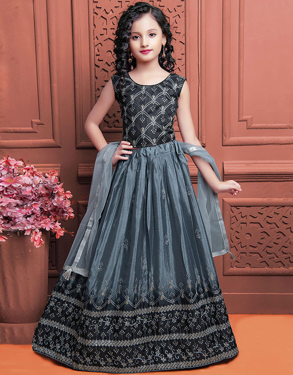 Designer Kidswear Readymade Lehenga Choli Black Banglori Silk Lehenga Choli Front View