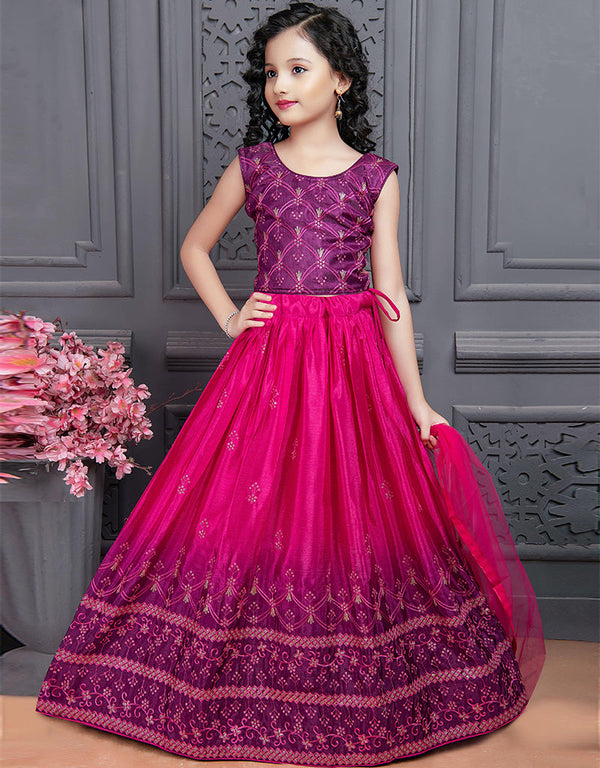 Designer Kidswear Readymade Lehenga Choli Wine Banglori Silk Lehenga Choli Front View