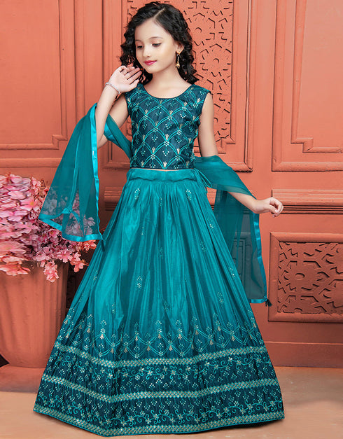 Designer Kidswear Readymade Lehenga Choli Rama Banglori Silk Lehenga Choli Front View