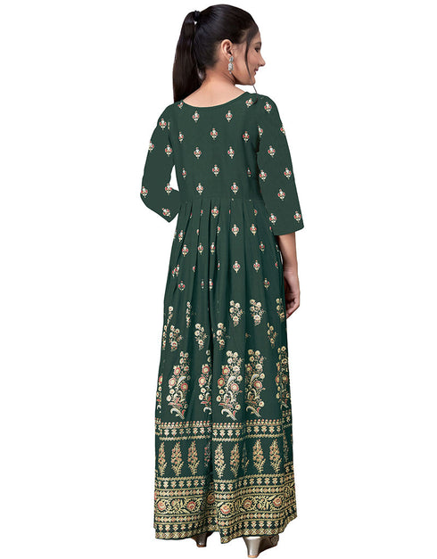 Designer Wear Readymade Kids Long Gown Green Rayon Gowns Close-up View