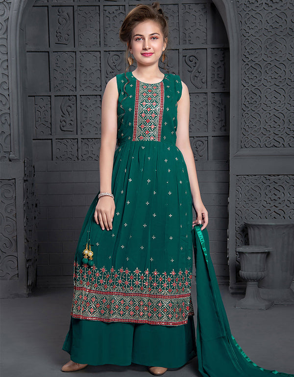 Designer Kidswear Readymade Sharara Suits Green Georgette Sharara Suit Front View