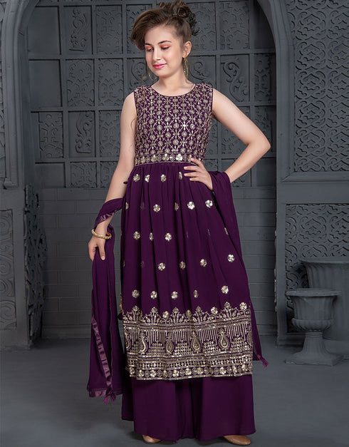 Designer Kidswear Readymade Sharara Suits Purple Georgette Sharara Suit Front View