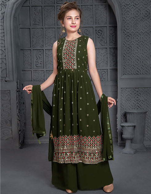 Designer Kidswear Readymade Sharara Suits Mehendi Georgette Sharara Suit Front View