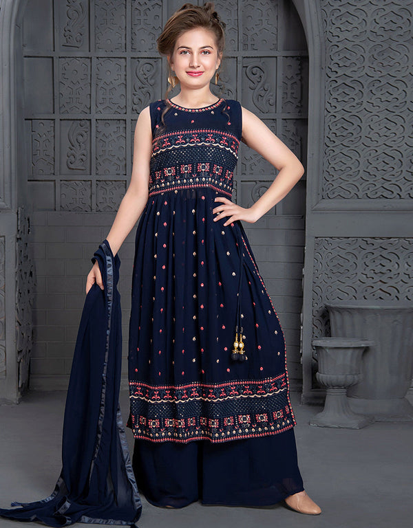 Designer Kidswear Readymade Sharara Suits Navy Blue Georgette Sharara Suit Front View