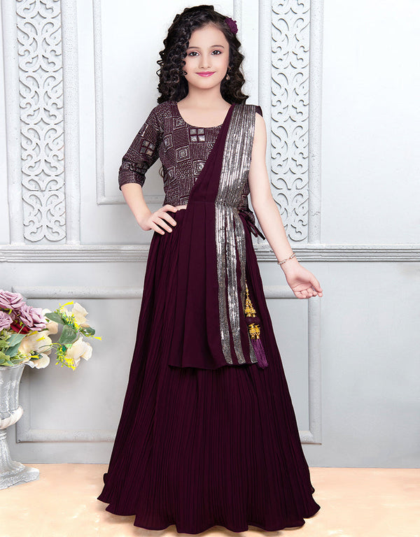 Designer Kidswear Readymade Lehenga Choli Wine Faux Georgette Lehenga Choli Front View