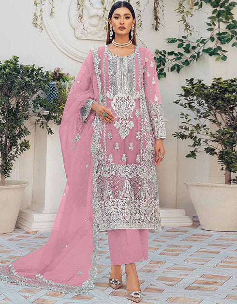 Designer Party Wear Organza Silk Pakistani Sui Collection Pink Organza Silk Pant Pakistani Suits Front View