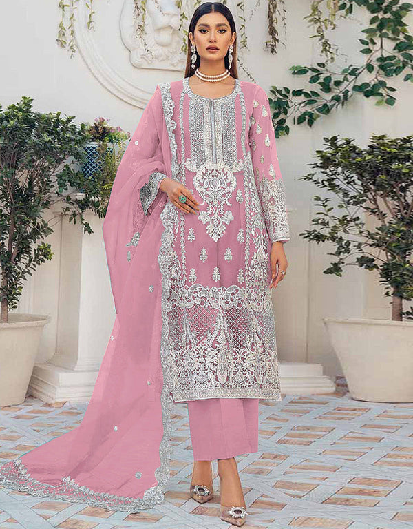 Designer Party Wear Organza Silk Pakistani Sui Collection Pink Organza Silk Pant Pakistani Suits Front View