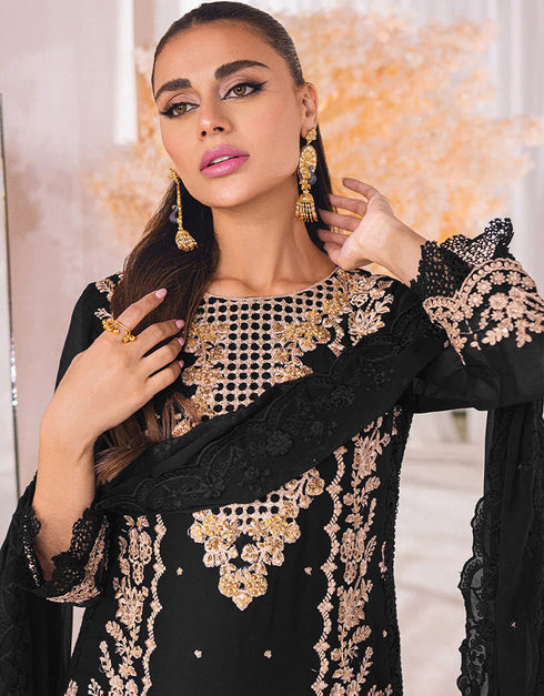 Designer Party Wear Faux Georgett Pakistani Sui Collection Black Faux Georgette Pant Pakistani Suits Close-up View