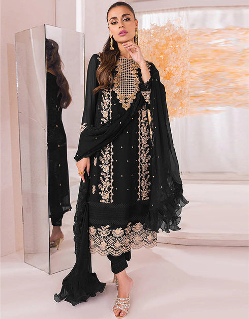 Designer Party Wear Faux Georgett Pakistani Sui Collection Black Faux Georgette Pant Pakistani Suits Front View