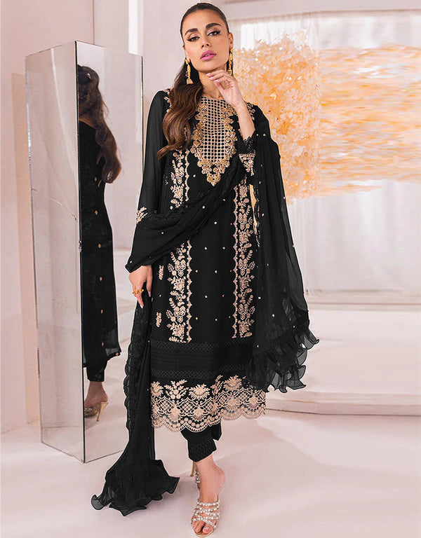 Designer Party Wear Faux Georgett Pakistani Sui Collection Black Faux Georgette Pant Pakistani Suits Front View