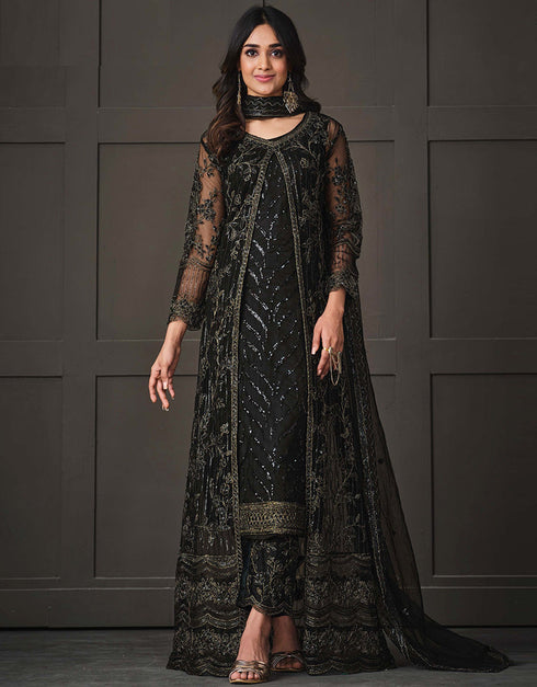 Designer Party Wear Net Pakistani Sui Collection Black Net Pant Pakistani Suits Front View