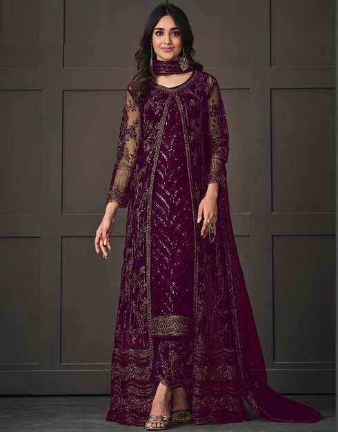 Designer Party Wear Net Pakistani Sui Collection Purple Net Pant Pakistani Suits Front View