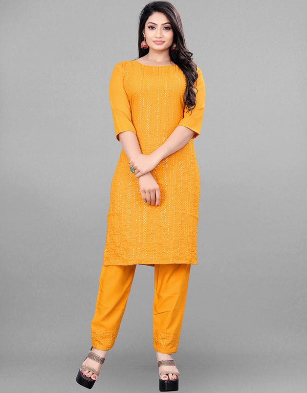 Designer Party Wear Readymade Yellow Rayon Pant Straight Front View