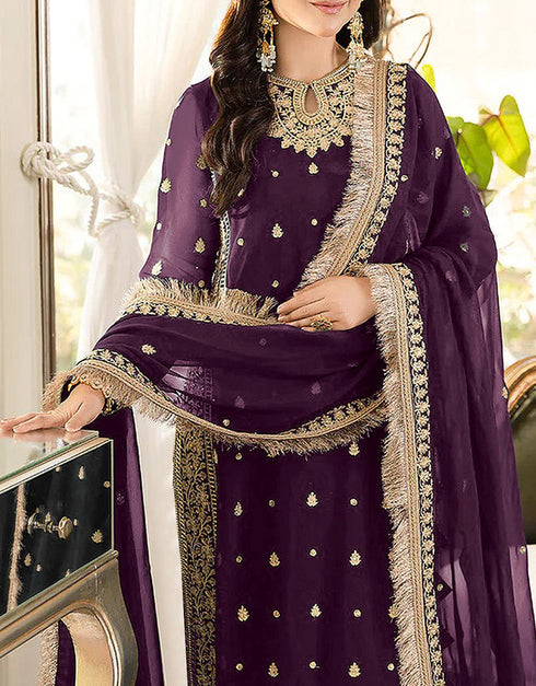Designer Party Wear Faux Georgett Pakistani Suit Collection Purple Faux Georgette Pant Pakistani Suits Close-up View