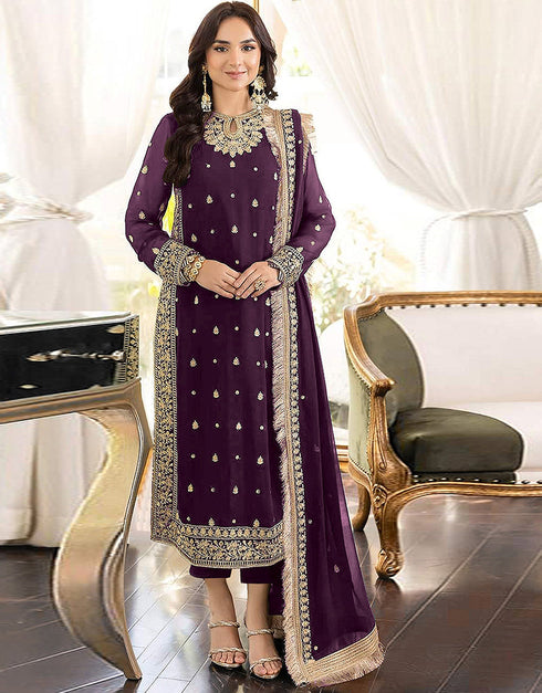 Designer Party Wear Faux Georgett Pakistani Suit Collection Purple Faux Georgette Pant Pakistani Suits Front View