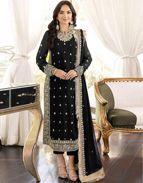 Designer Party Wear Faux Georgett Pakistani Suit Collection Black Faux Georgette Pant Pakistani Suits Front View