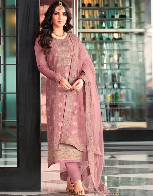 Designer Party Wear Dola Jacquard Pakistani Suit Collection Mauve Dola Jacquard Pant Pakistani Suits Front View