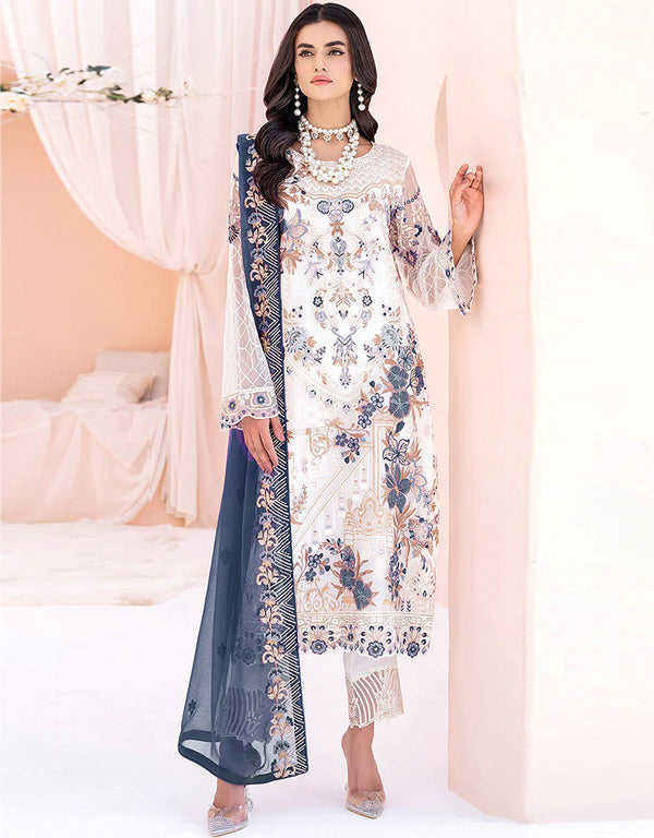Designer Party Wear Faux Georgett Pakistani Suit Collection White Faux Georgette Pant Pakistani Suits Front View