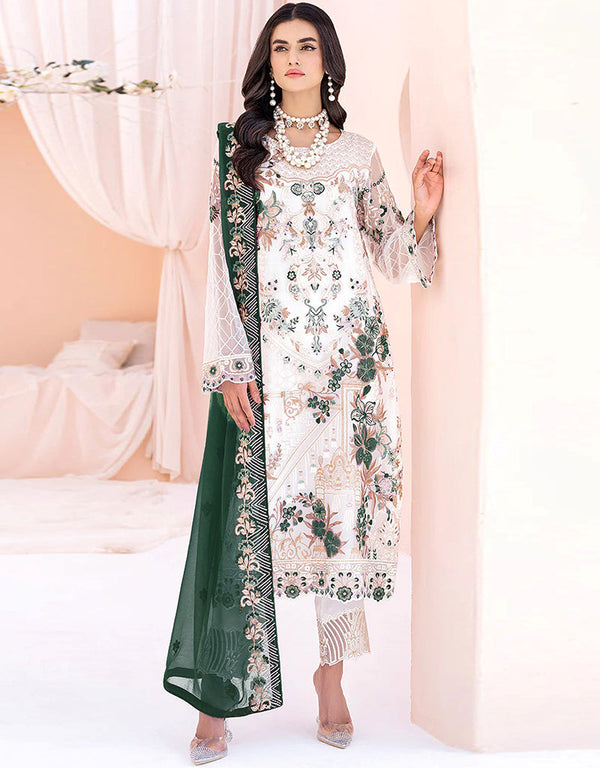 Designer Party Wear Faux Georgett Pakistani Suit Collection White Faux Georgette Pant Pakistani Suits Front View