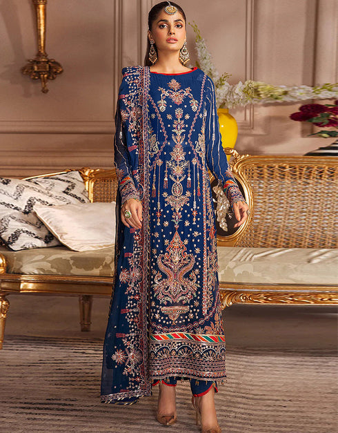 Designer Party Wear Faux Georgett Pakistani Suit Collection Violet Faux Georgette Pant Pakistani Suits Front View